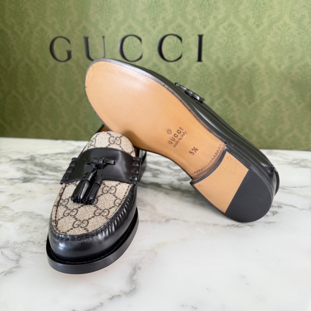 NWT Gucci 673817 Mens GG Logo Leather Loafers Shoes Black/Beige Gucci 5.5 - Picture 9 of 9
